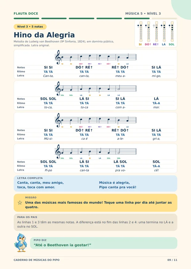 Página do bônus com a música Hino da Alegria