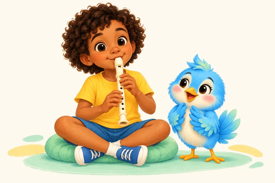 Criança tocando flauta doce ao lado do Pipo, o passarinho flautista