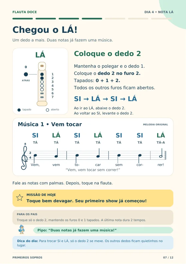 Página do Dia 4 com o dedilhado do LÁ e a música Vem tocar