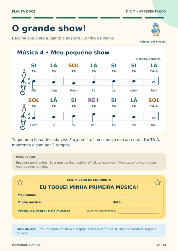 Página do Dia 7 com o grande show e o certificado